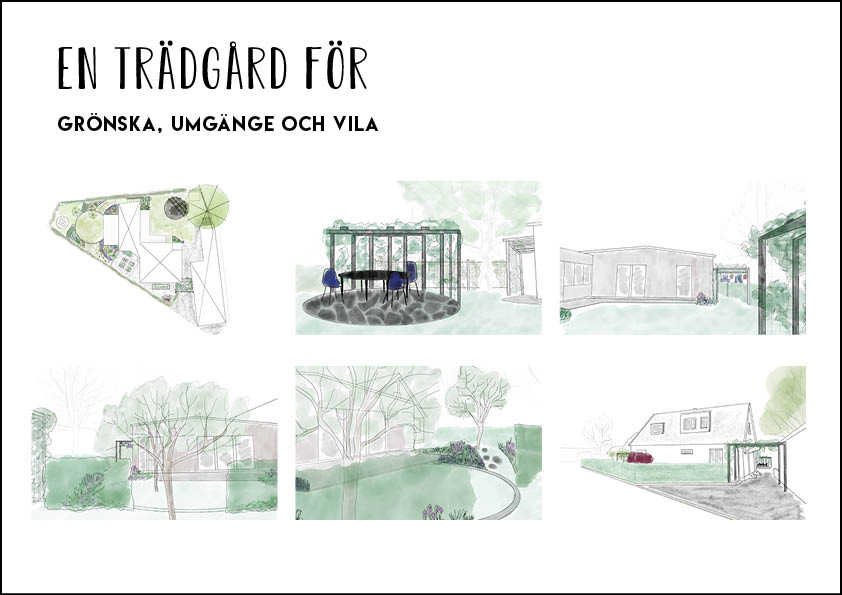 Illustrationsblad för trädgård i Hjärup med plan och skisser av pergola, gångar, grönska och familjens olika rum.