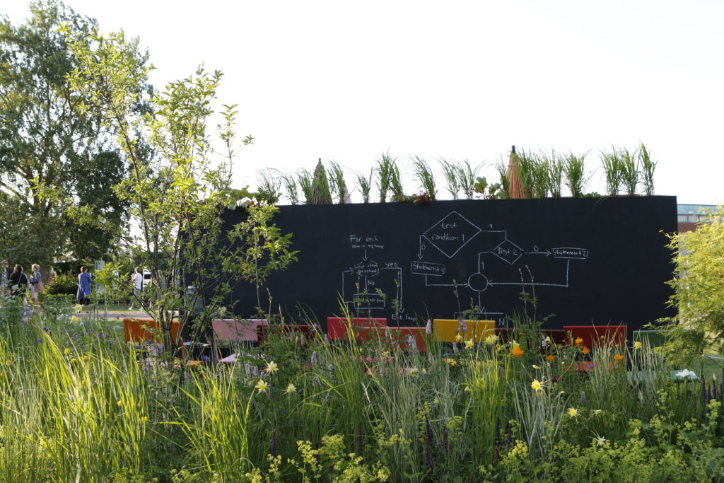 Ängslik plantering med gräs och vårblommor framför färgglada sittplatser och en svart vägg med flödesschema, Malmö Garden Show 2018.