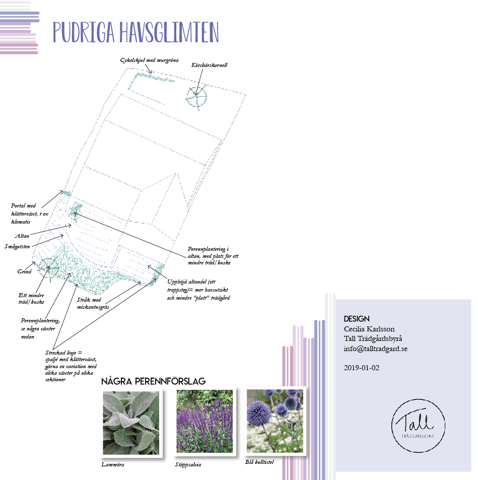 Illustrerad planteringsplan för "Pudriga havsglimten" i Lomma, med altan, gångar, portal och perennförslag för soligt kustläge.