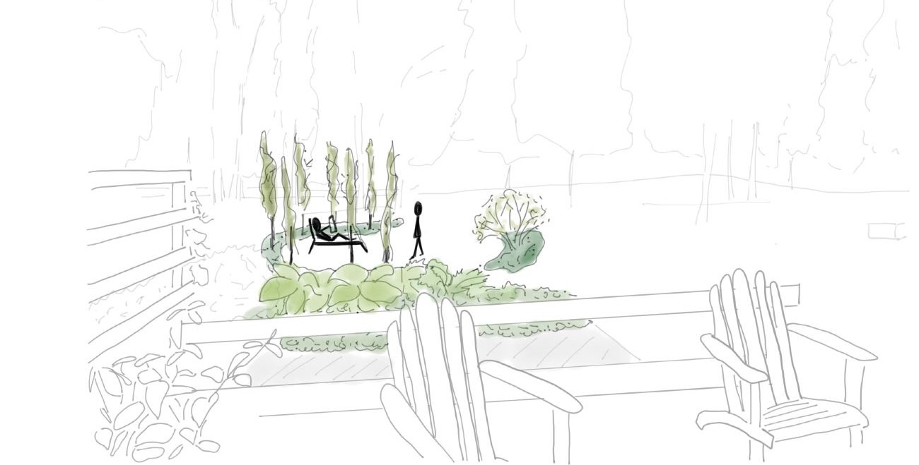 Illustration av en avkopplande trädgårdshörna i Karlstad med sittplatser, planteringar och ett insynsskyddande rum av smala träd.