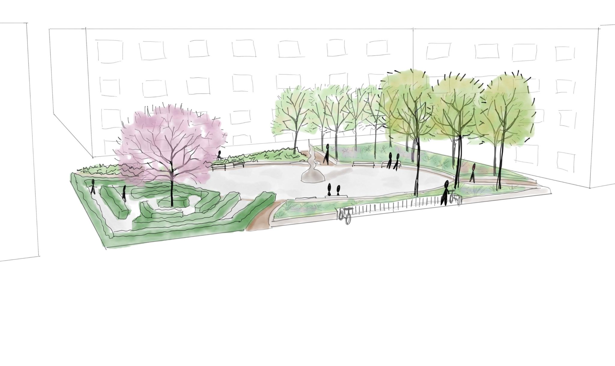 Perspektivskiss för ett torg i Haag med öppna vistelseytor, gångstråk, planteringar och träd som ger årstidsvariation.